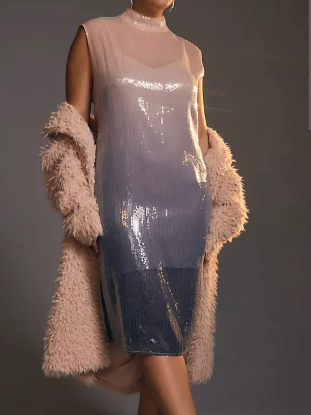 Anthropologie Plus Iridescent Sequin Shift Dress in Pale Pink to Silver Ombre